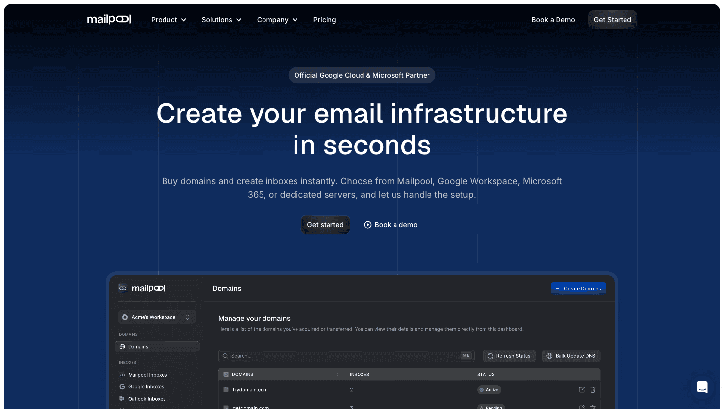Mailpool homepage - Create your email infrastructure in seconds