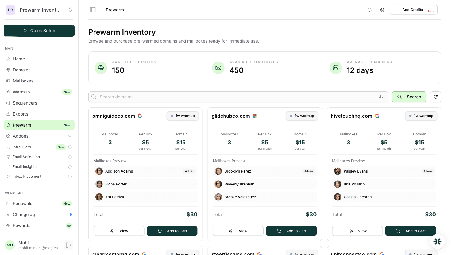 InboxKit pre-warmed mailboxes dashboard showing warmup progress and send-ready accounts
